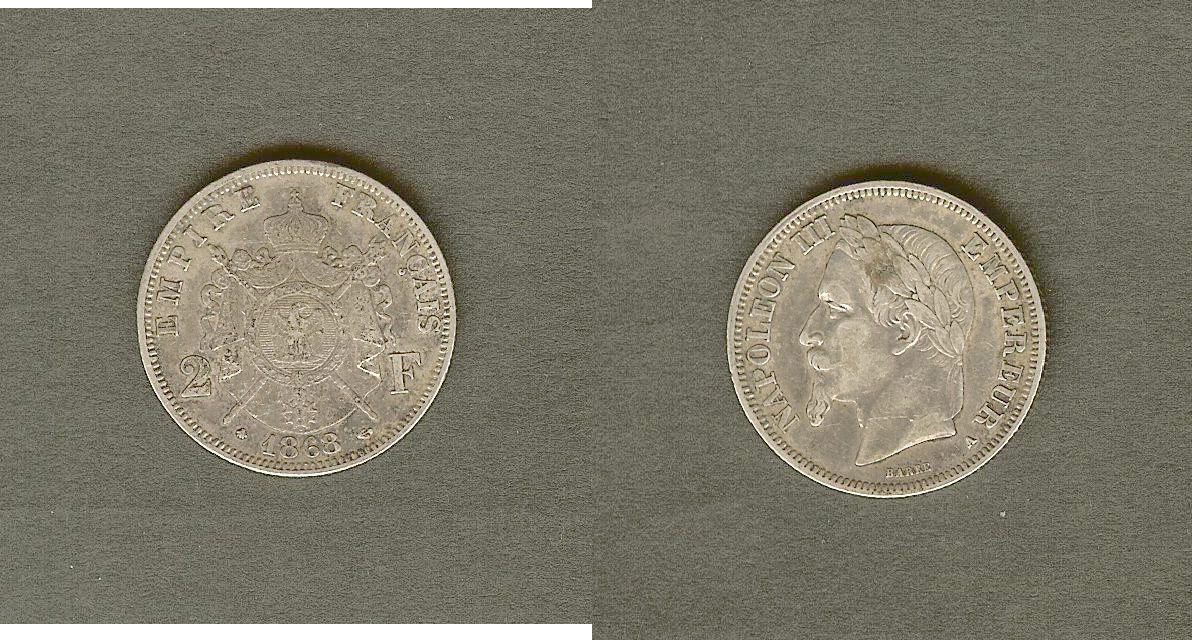 2 francs Napoléon III, tête laurée 1868 Paris TTB